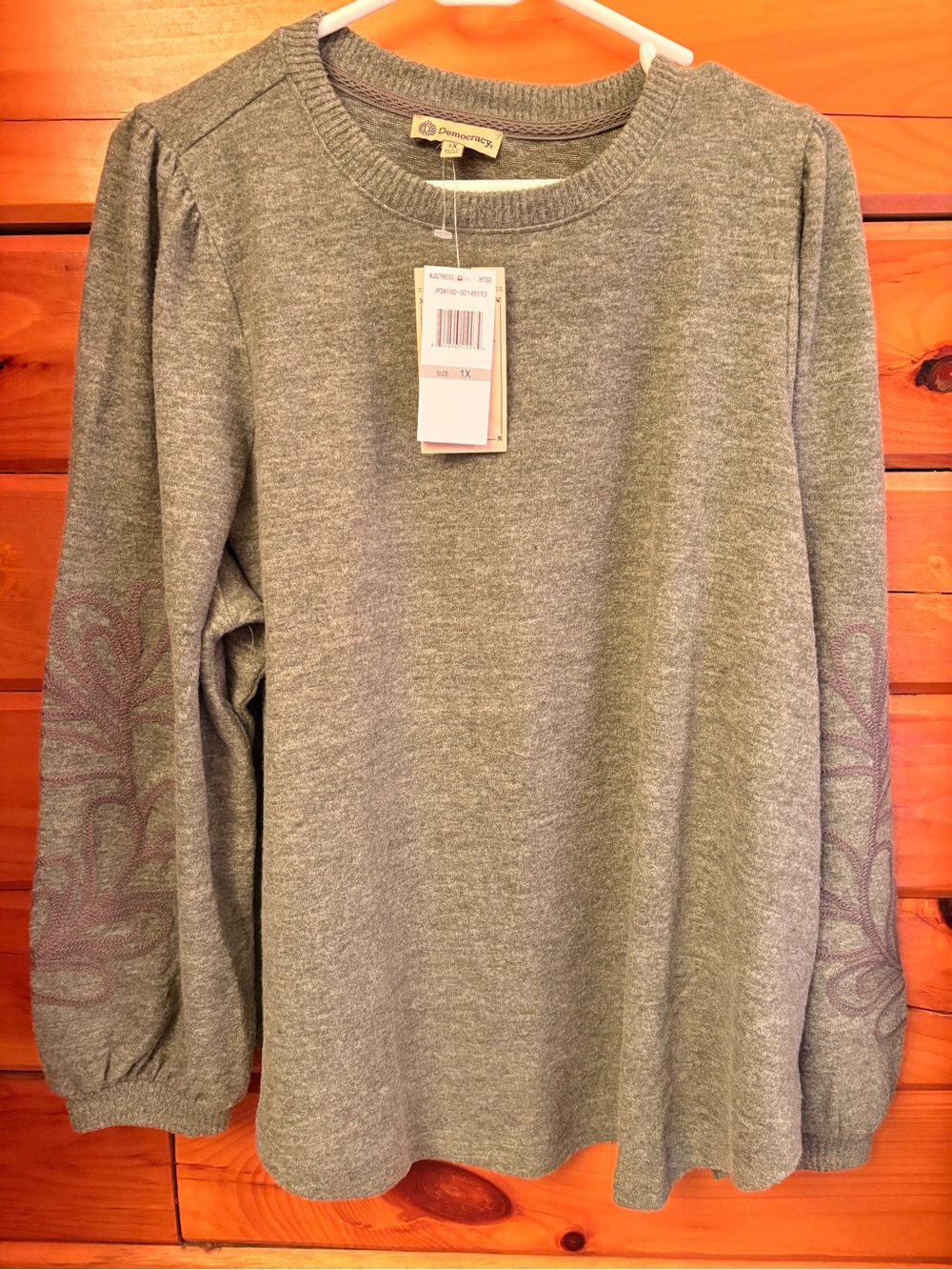 Democracy Green Crewneck Sweater with Embroidered Sleeve Detail